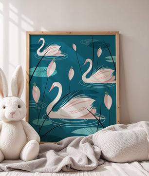 Serene illustration of swans gracefully gliding on a pond with lily pads