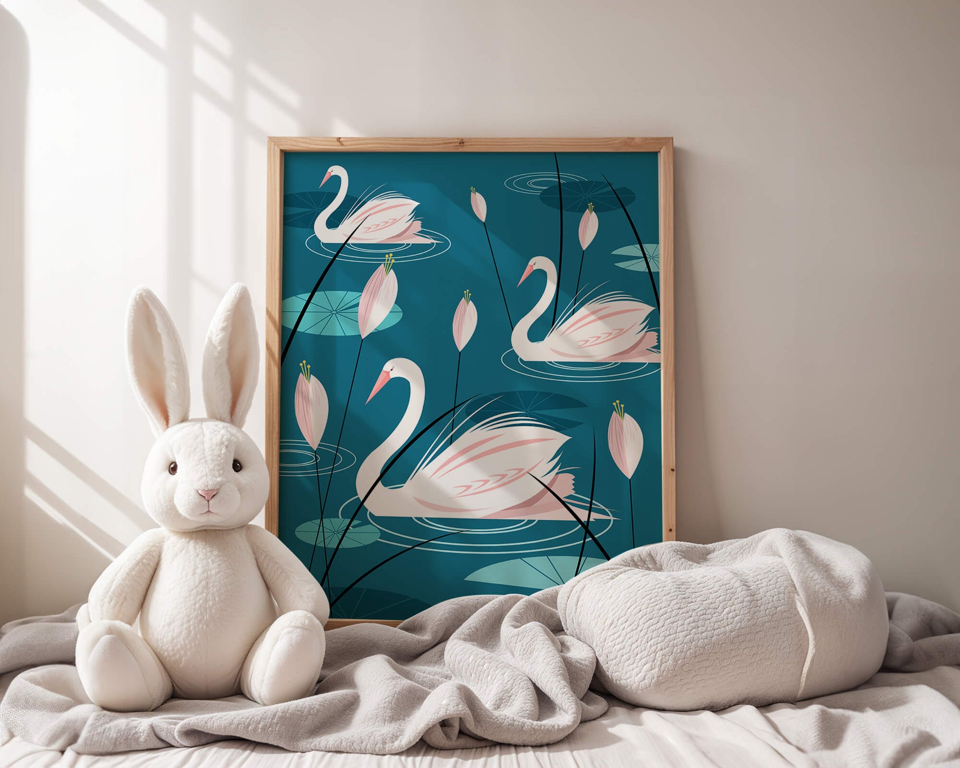 Serene illustration of swans gracefully gliding on a pond with lily pads