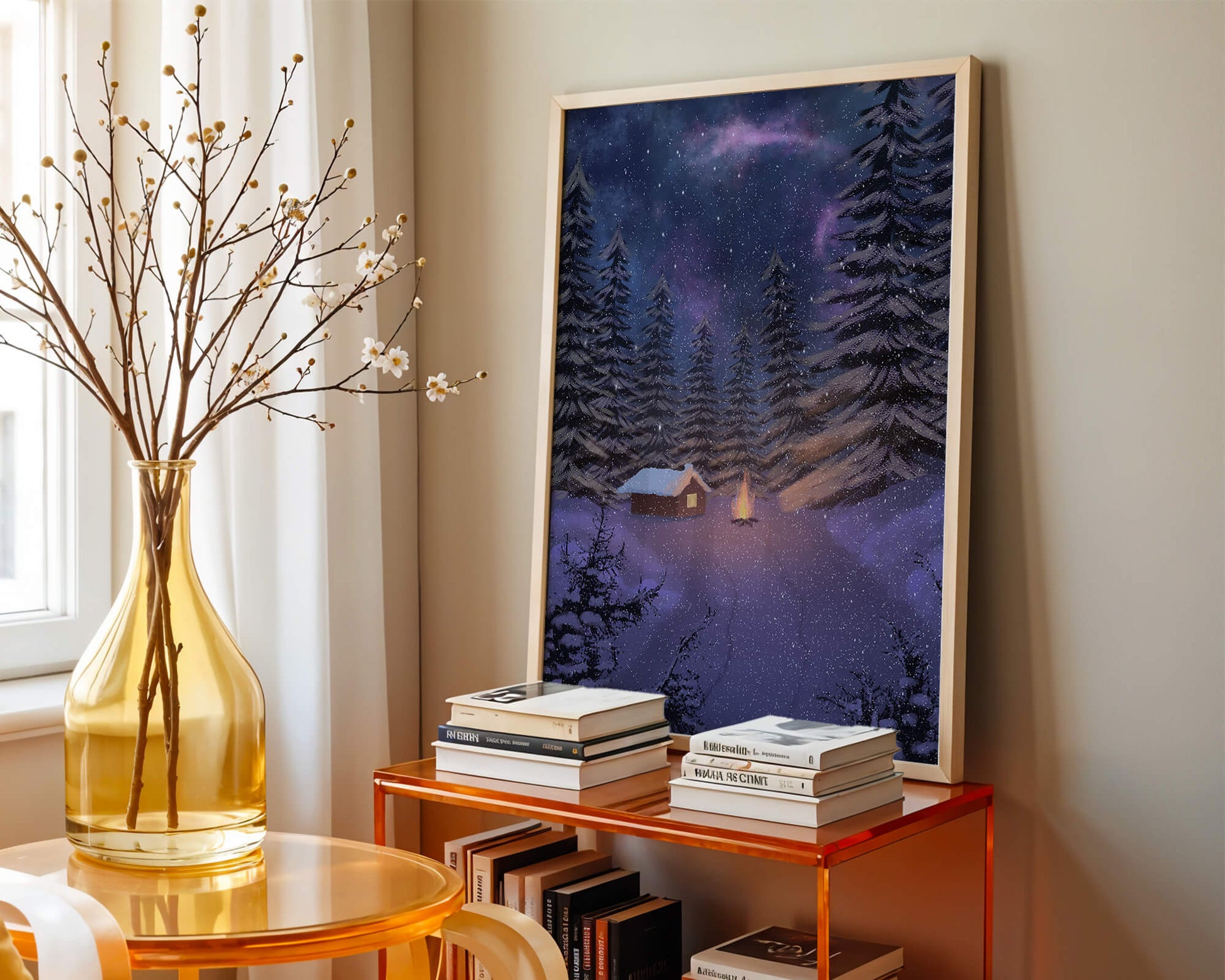 Winter night landscape with snowy cabin and pine forest