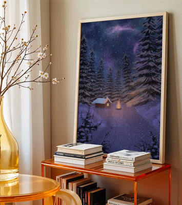 Winter night landscape with snowy cabin and pine forest