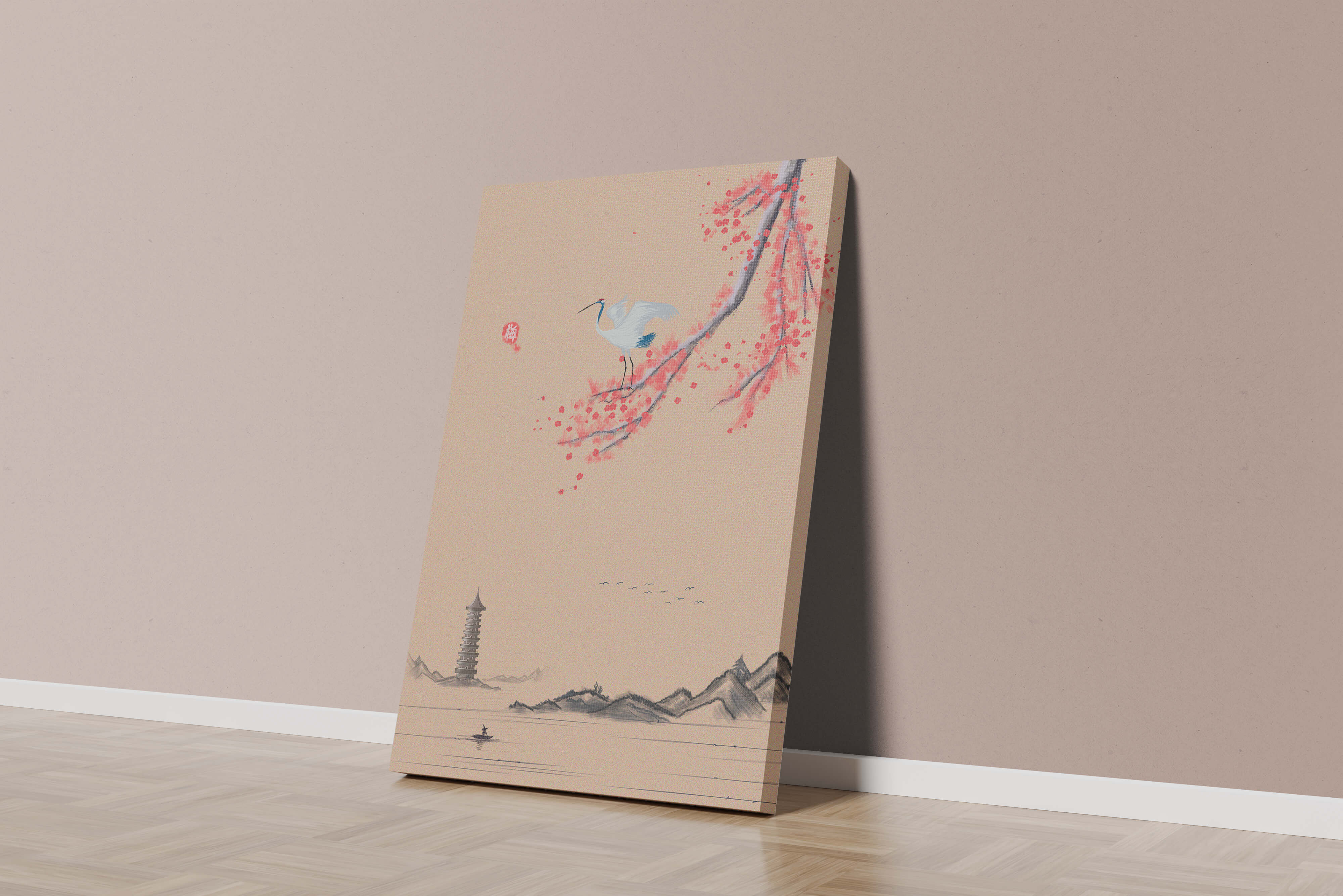 Serene landscape with crane and cherry blossom branch in East Asian style