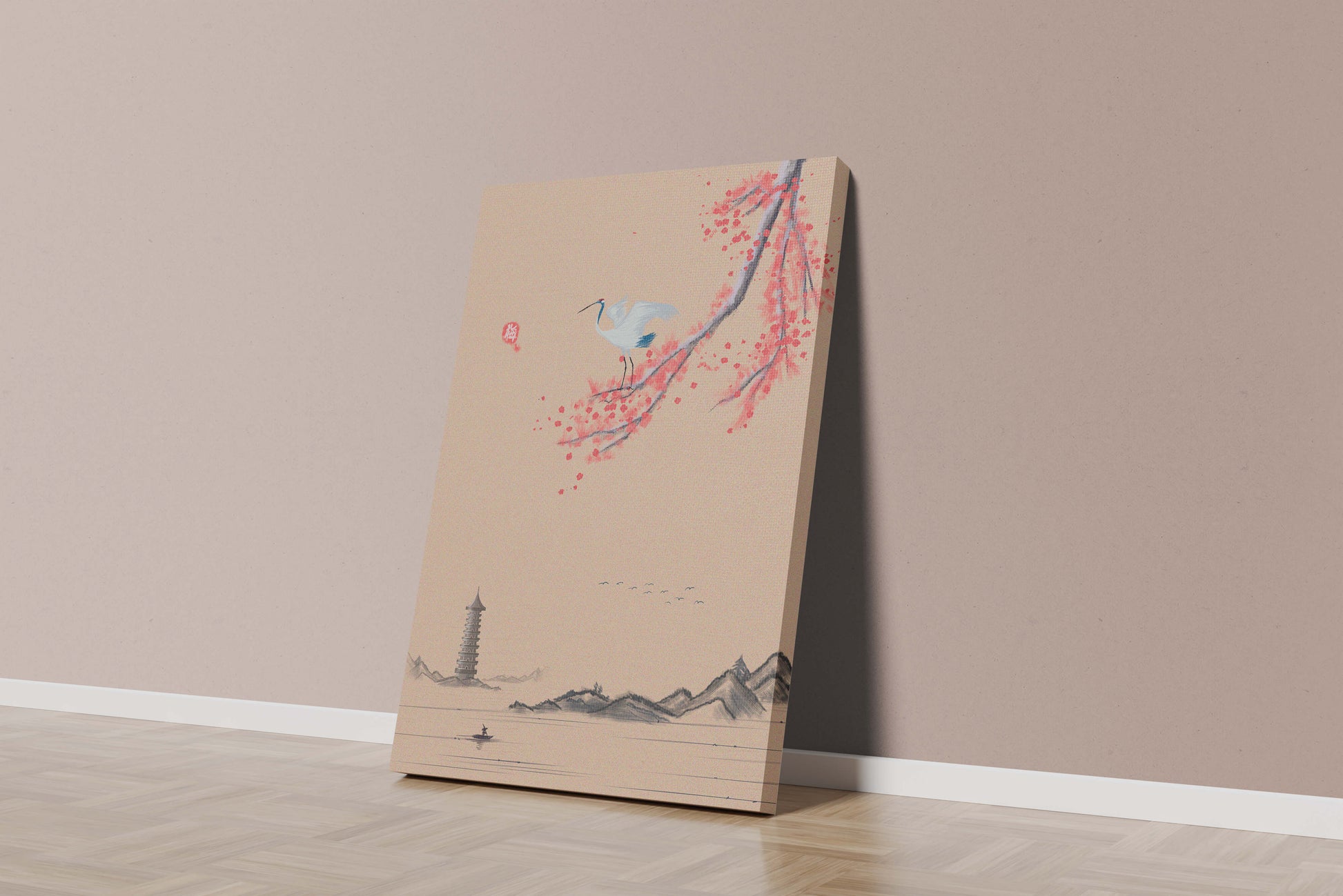 Serene landscape with crane and cherry blossom branch in East Asian style