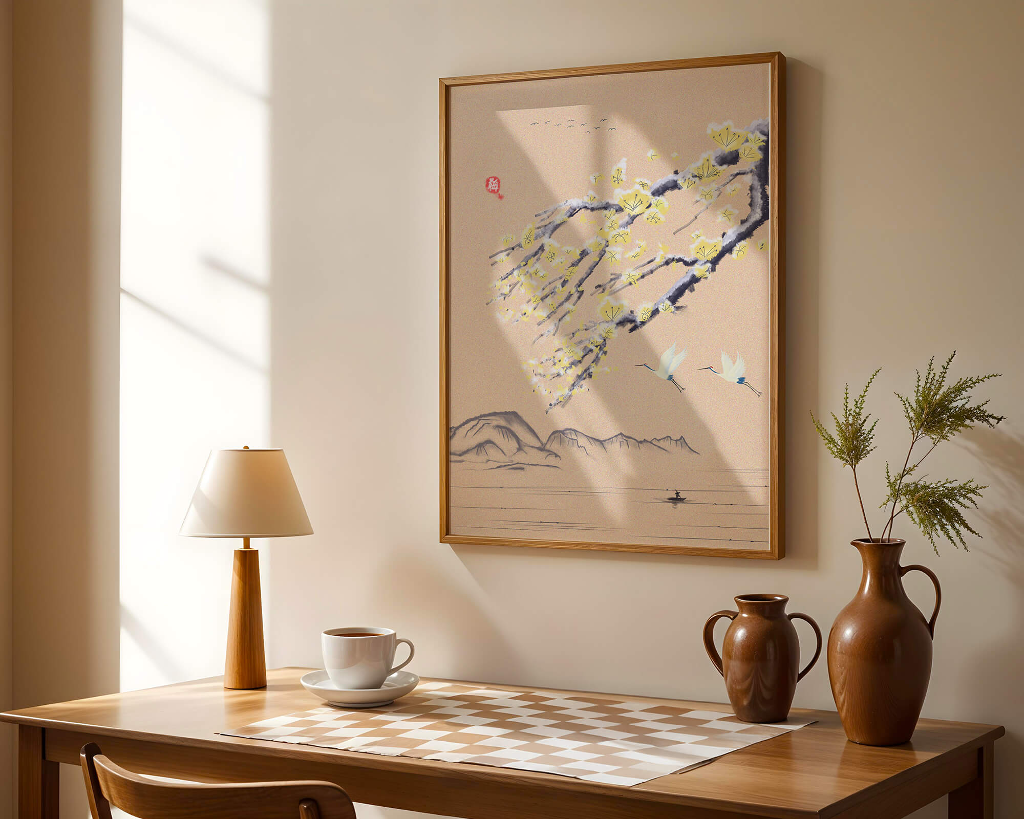 Tranquil landscape with blooming branches and flying cranes