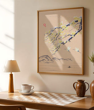 Tranquil landscape with blooming branches and flying cranes