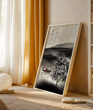 Voyage paisible en bateau dans un paysage serein avec oiseaux et arbre