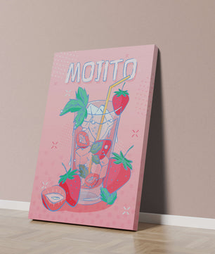 Ilustración de un mojito de fresa con fondo rosa vibrante y diseño juguetón