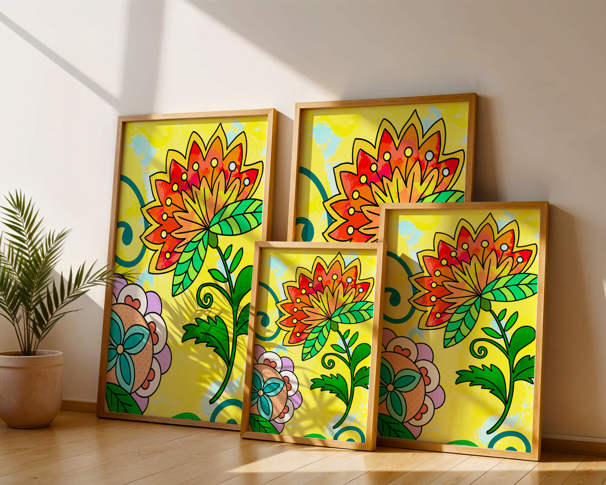 Colorful abstract floral illustration with bright yellow background