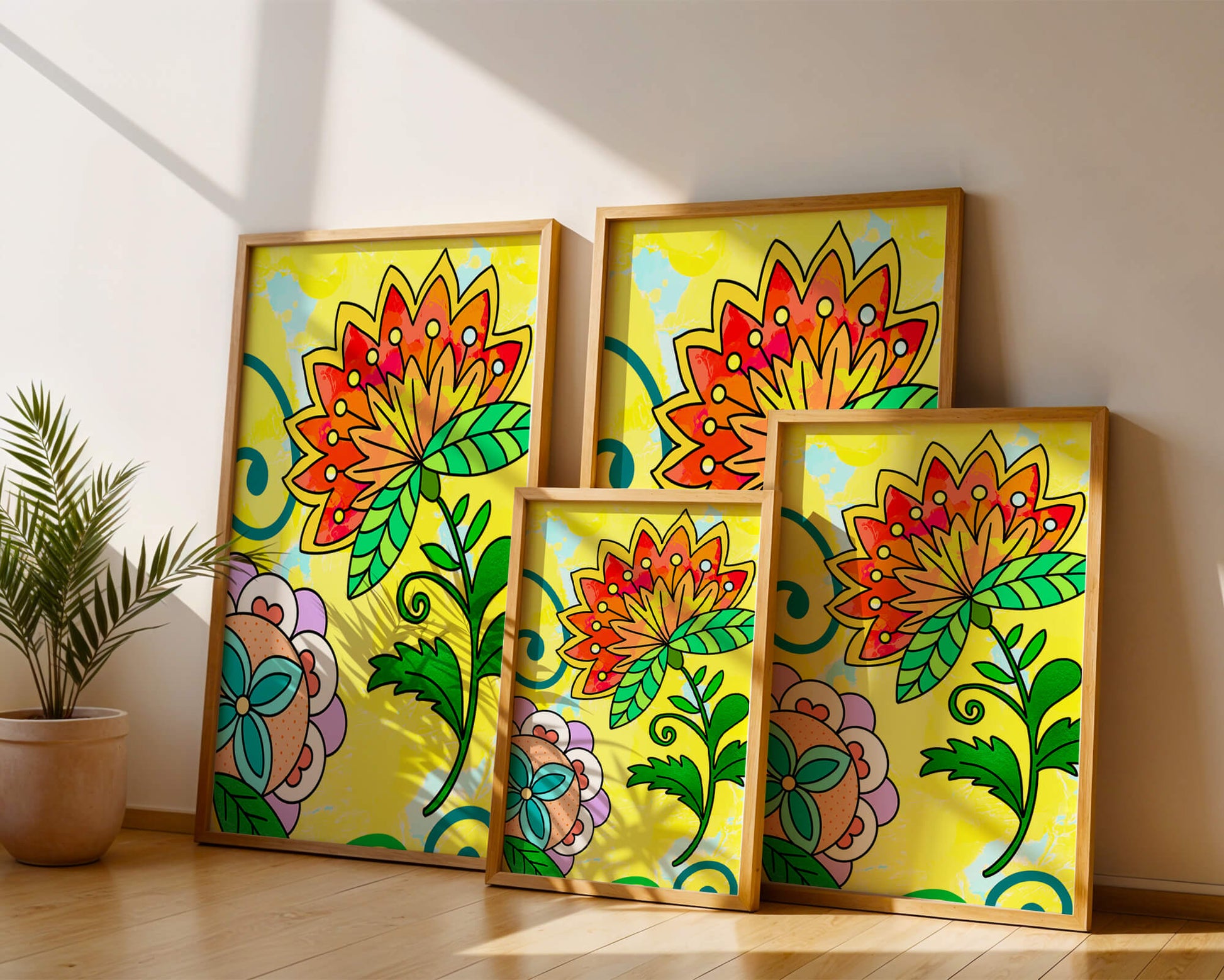Colorful abstract floral illustration with bright yellow background