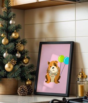 Perro de dibujos animados adorable con luces festivas y globos coloridos sobre fondo rosa