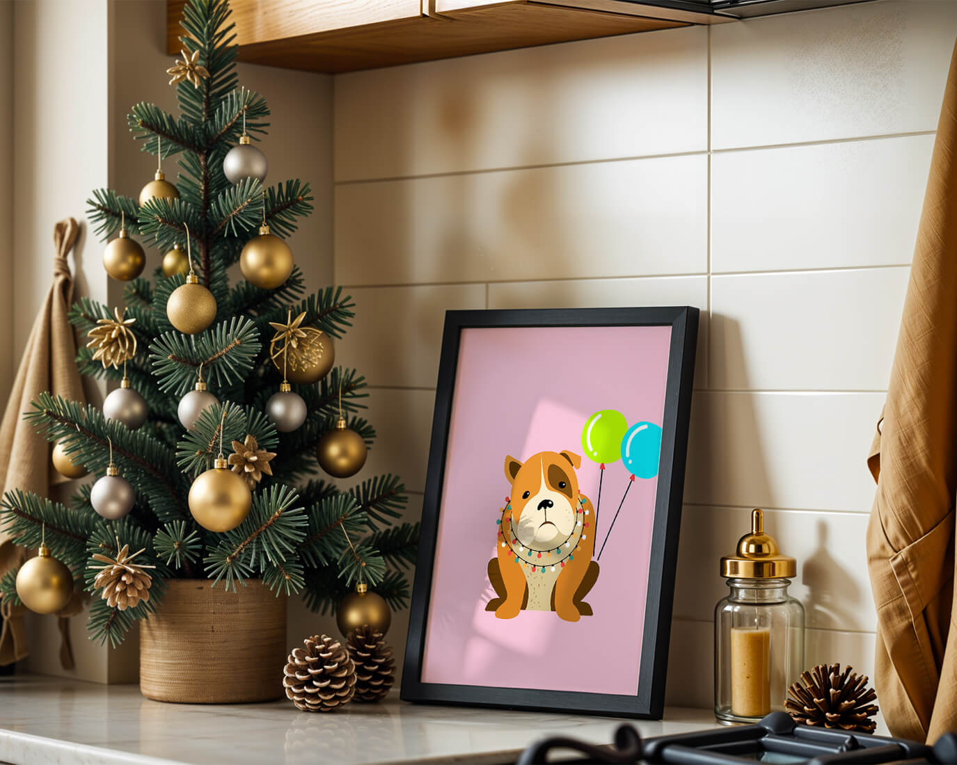 Perro de dibujos animados adorable con luces festivas y globos coloridos sobre fondo rosa