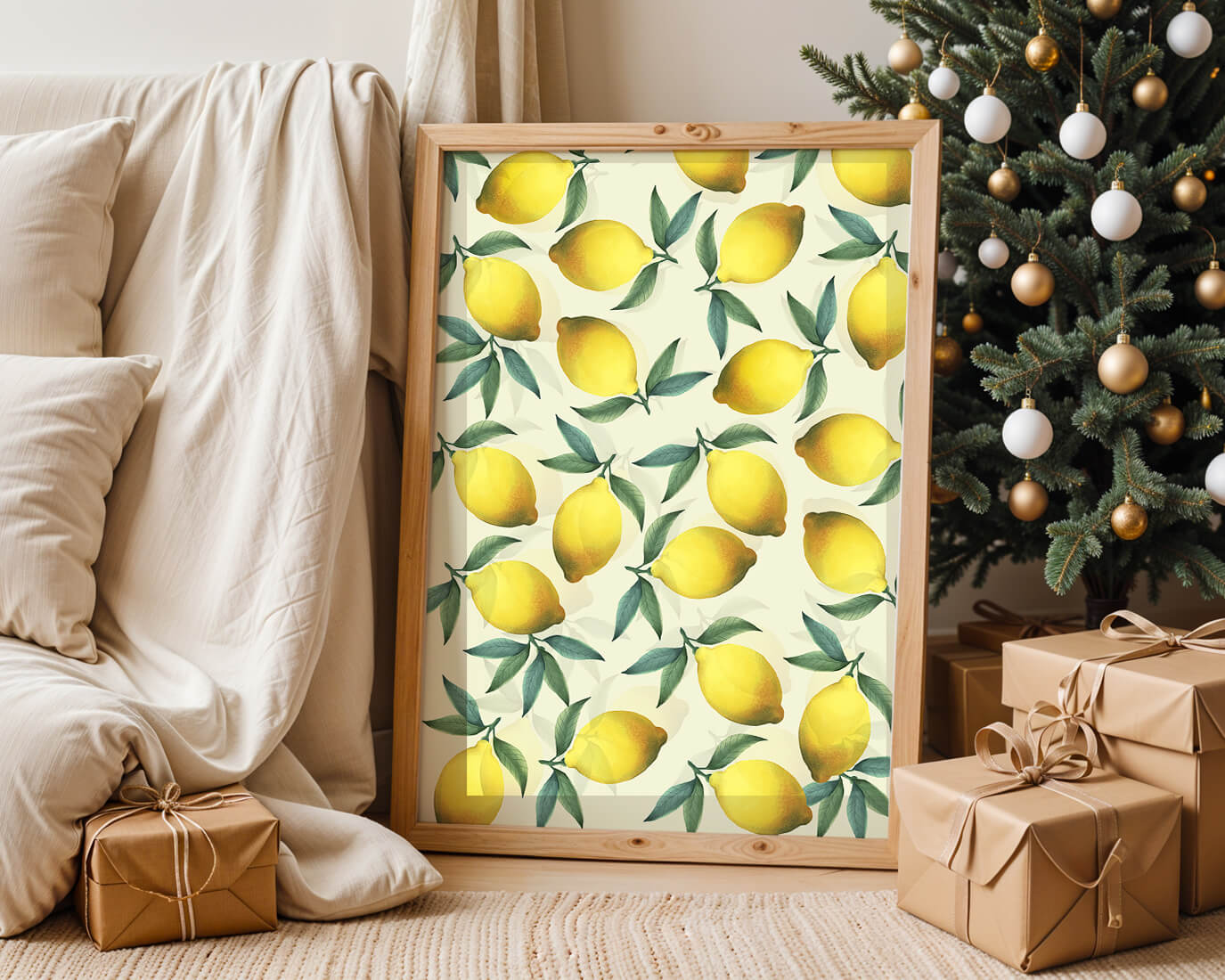 Vibrant lemon pattern with green leaves on a light background