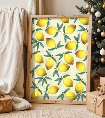 Vibrant lemon pattern with green leaves on a light background