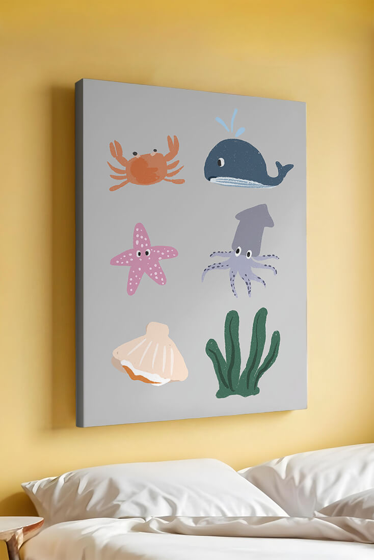 Illustration of whimsical sea creatures and marine elements on a grey background