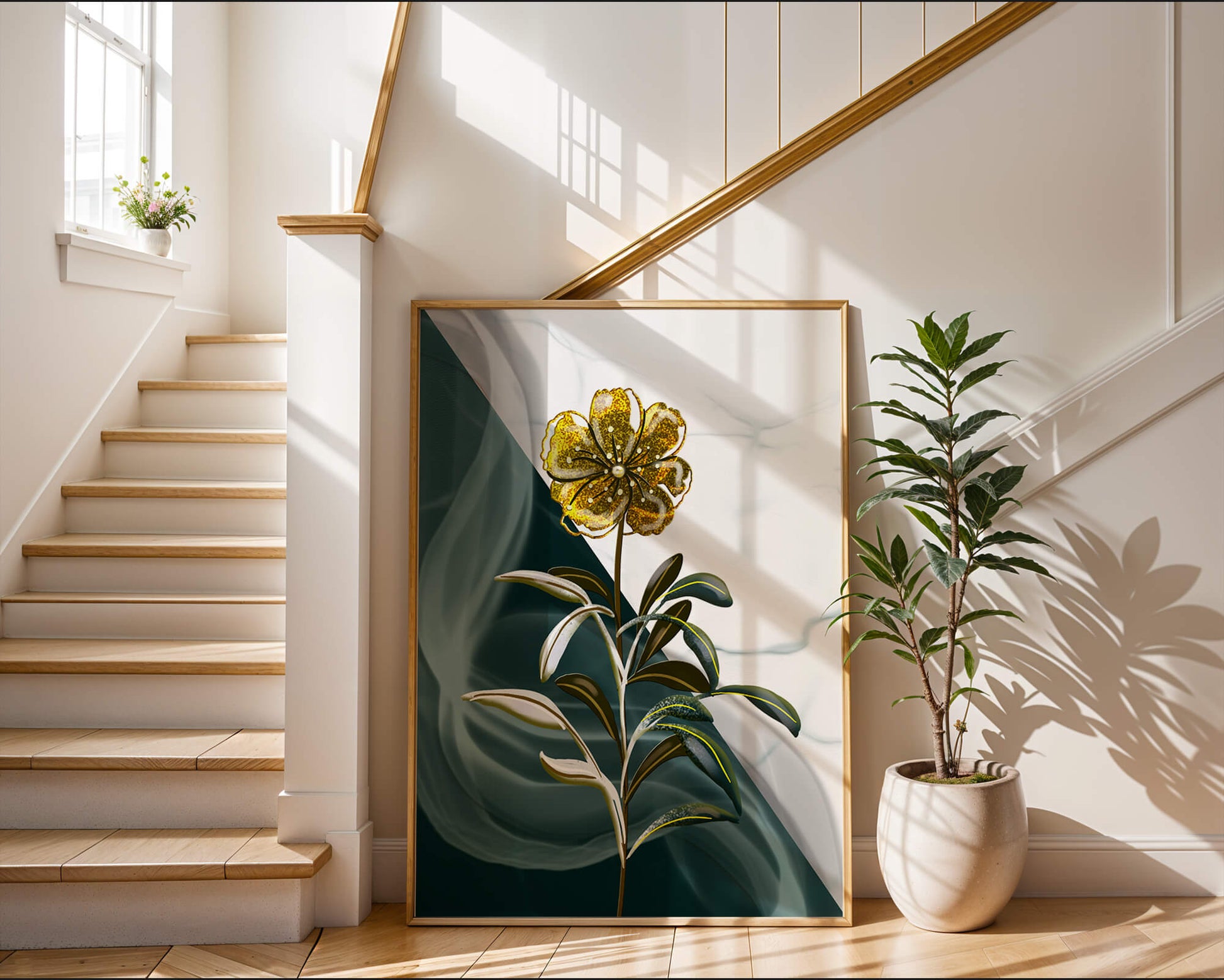 Abstract floral design featuring a golden flower with textured leaves