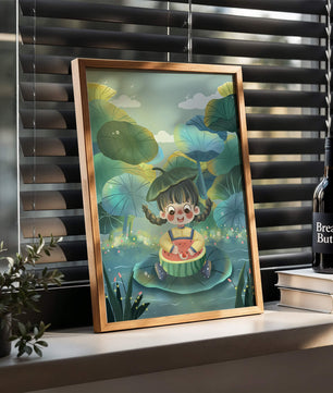 Charming illustration of a child enjoying watermelon amidst whimsical nature
