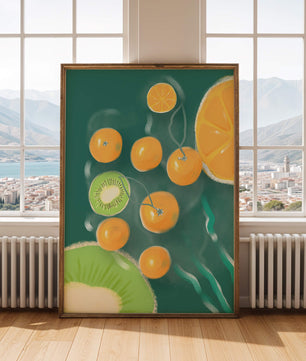 Ilustración de patrón de frutas vibrantes de kiwi y naranja