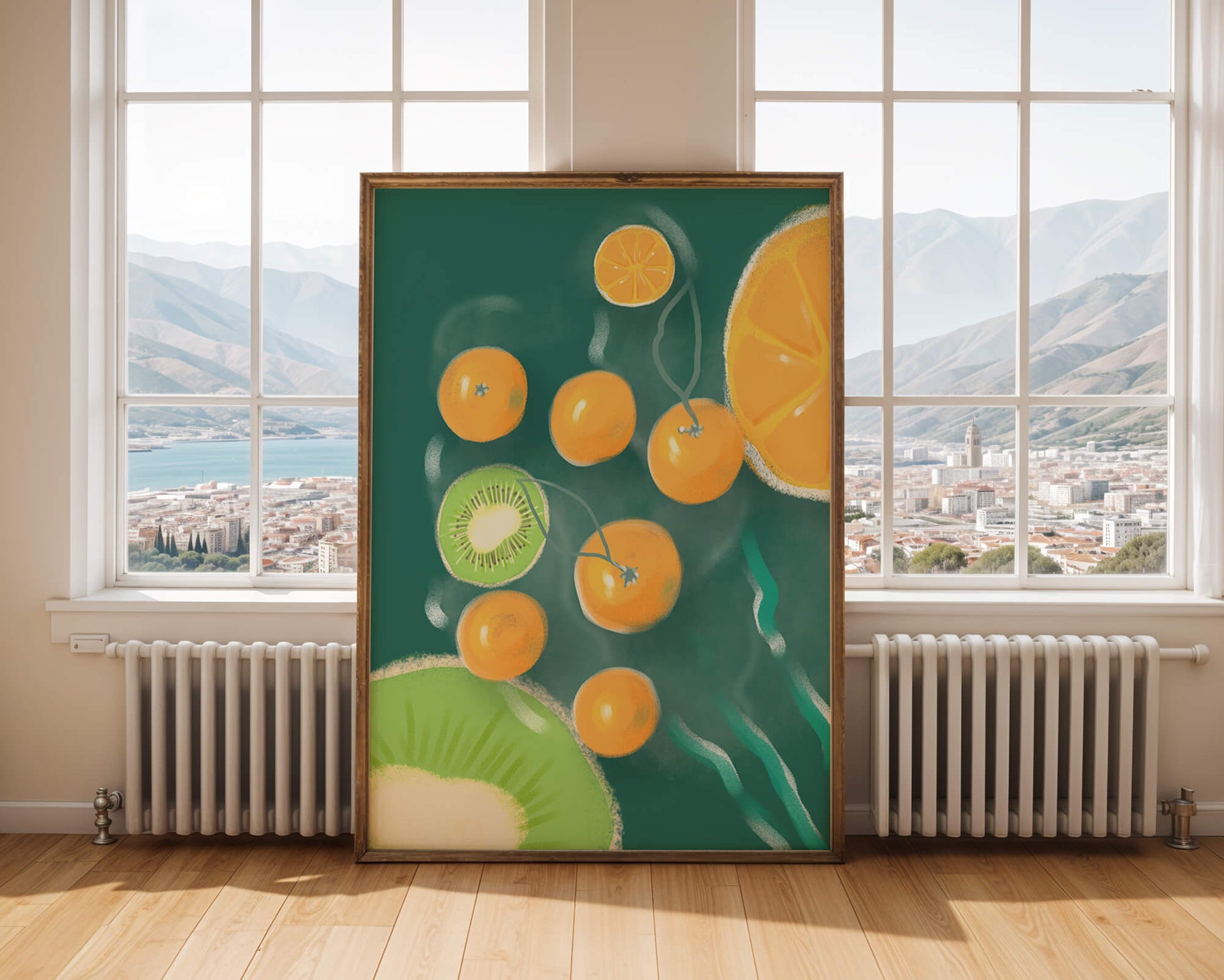 Vibrant kiwi and orange fruit pattern illustration