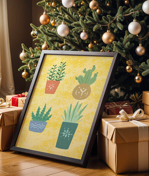Illustrated potted plants on textured yellow background
