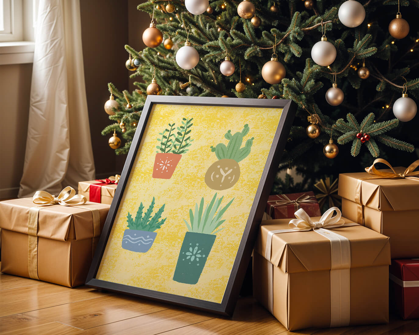 Illustrated potted plants on textured yellow background