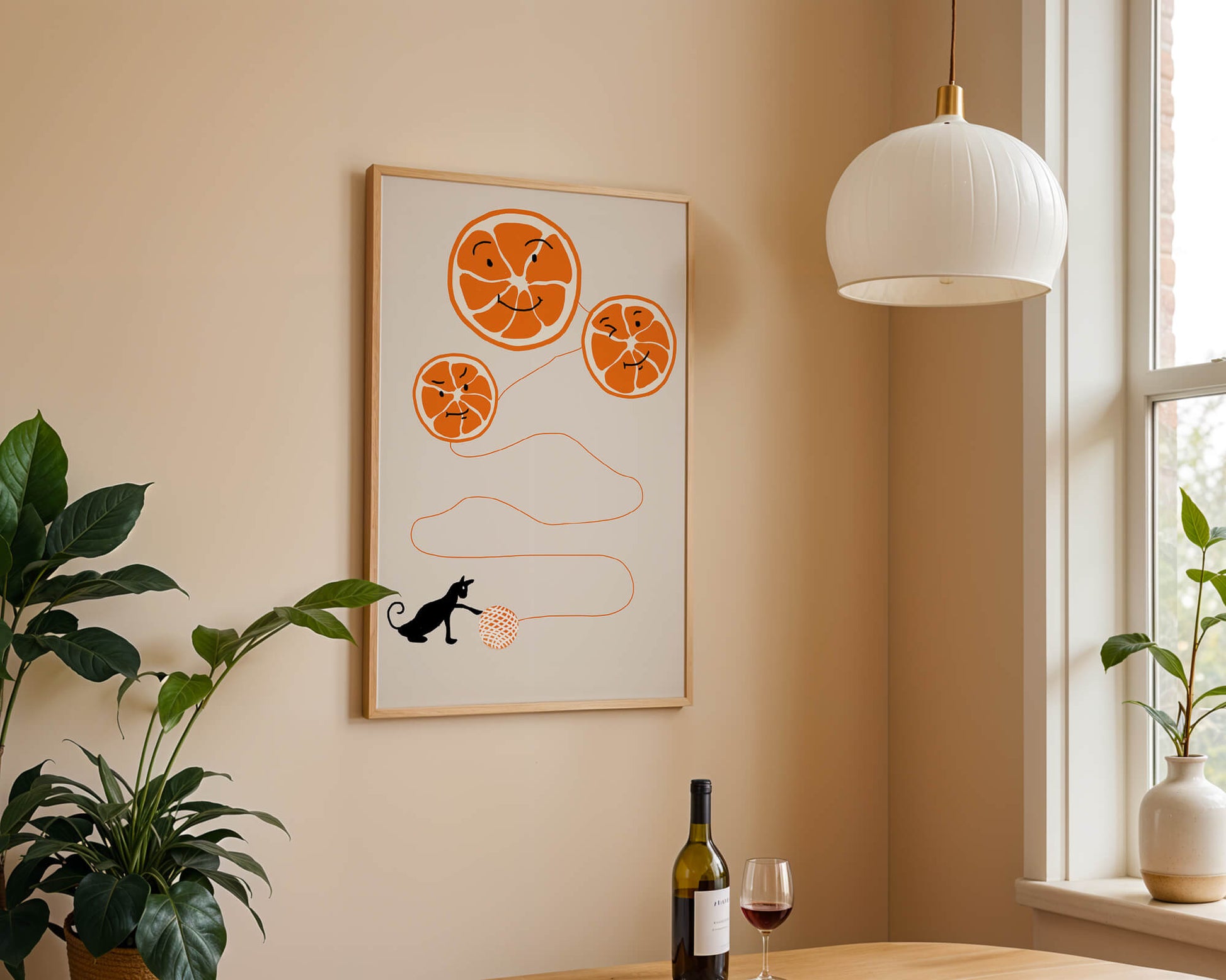 Playful illustration of oranges with cat and yarn