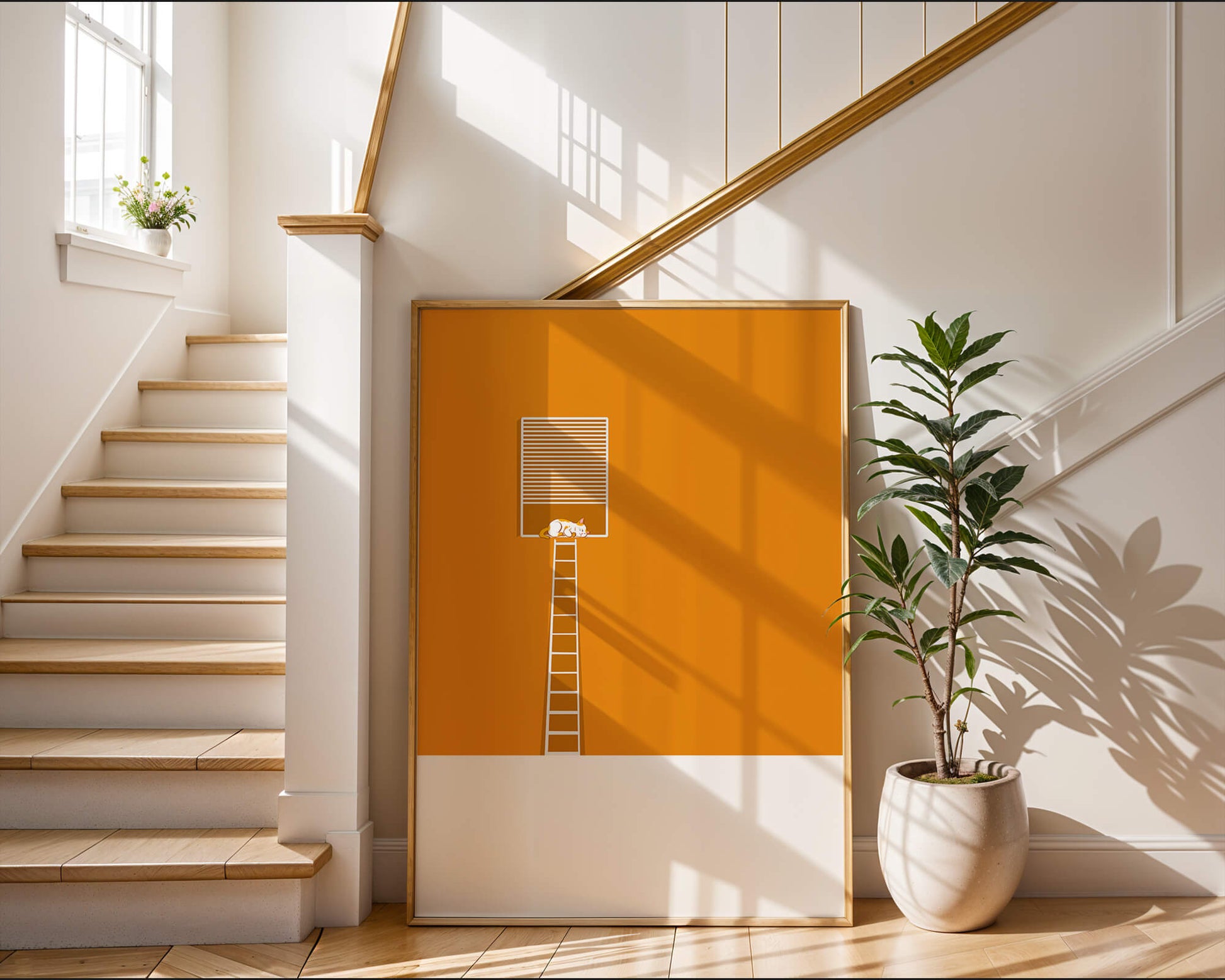 Cat Sleeping on Elevated Platform Against Orange Background