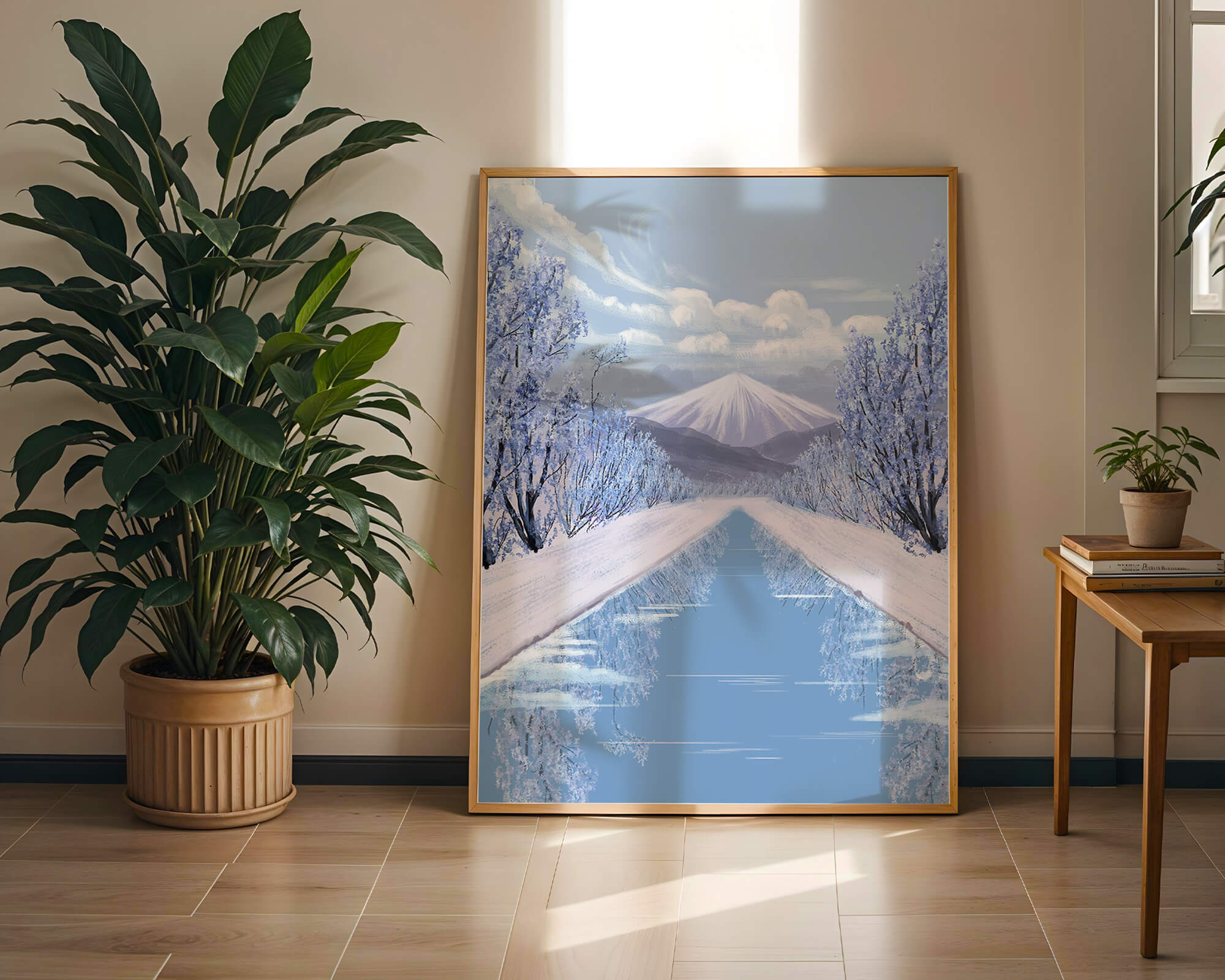Serene winter landscape with mountain and snowy trees reflecting in water