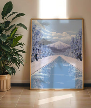 Serene winter landscape with mountain and snowy trees reflecting in water