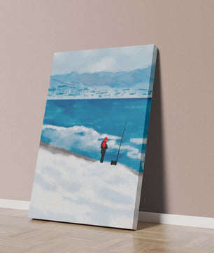 Winterlandschaft mit Person in roter Jacke am Meer