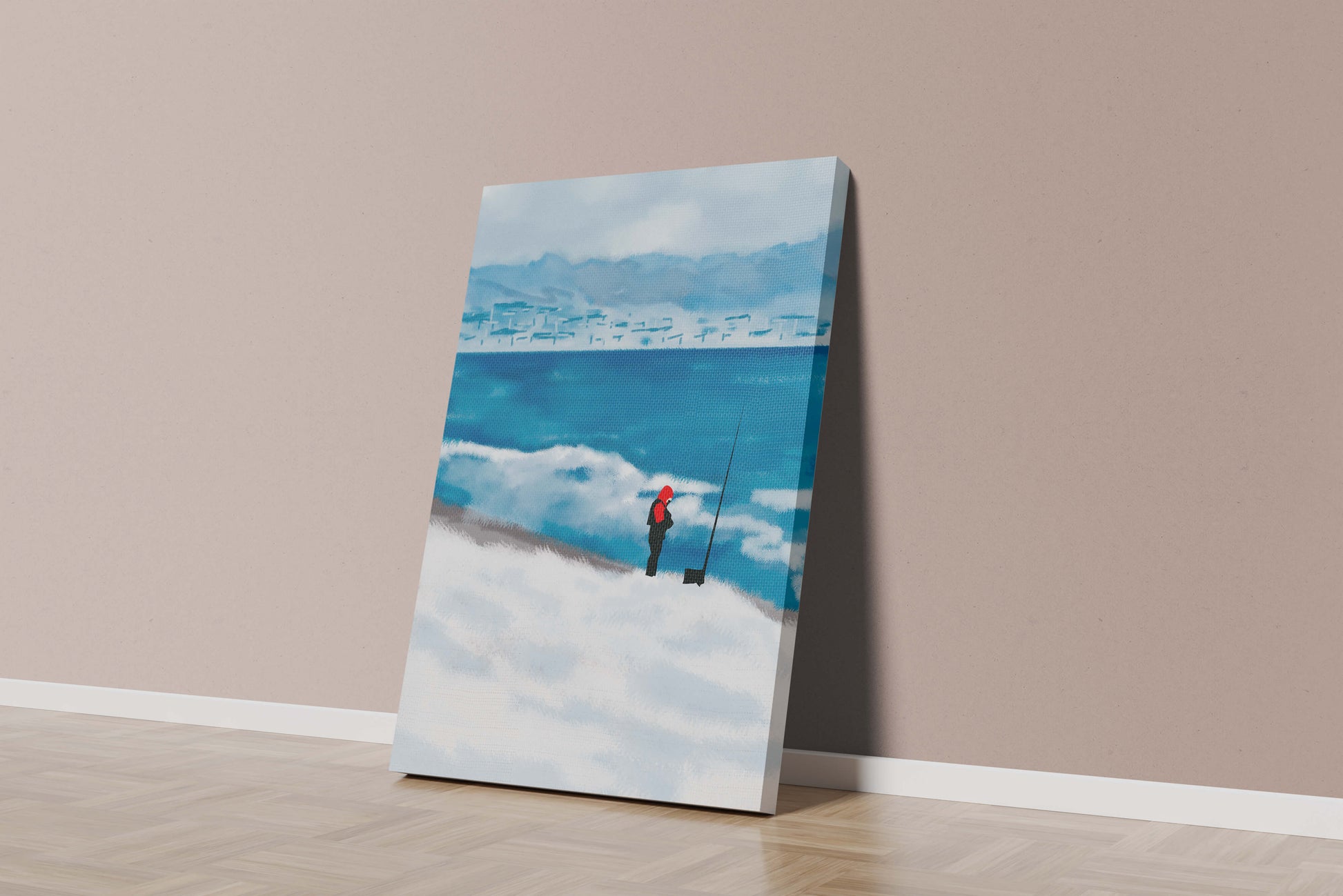 Winterlandschaft mit Person in roter Jacke am Meer