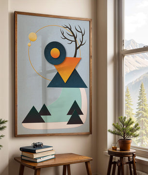 Abstract Geometric Landscape with Mountain and Sun - Mi tienda
