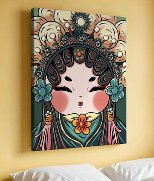 Ilustración encantadora de una muñeca china tradicional con tocado floral