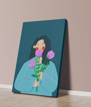 Illustration of a woman with purple flowers on a teal background
