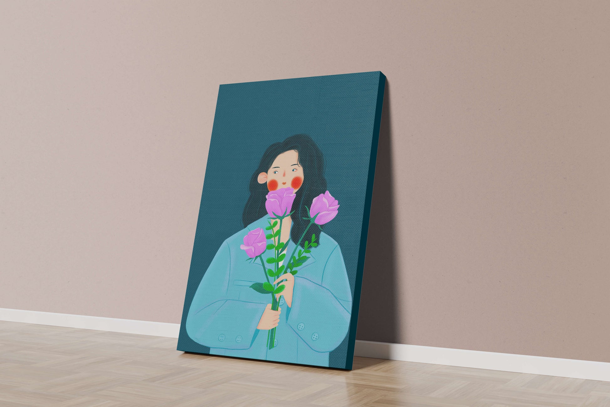 Illustration of a woman with purple flowers on a teal background