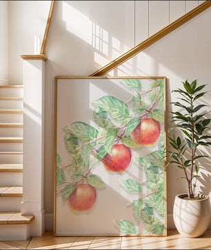 Ilustración de manzanas en la rama de un árbol con hojas verdes