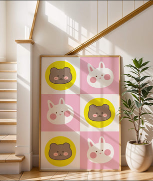 Diseño de patrones de animales juguetones con caras de osos y conejos en colores pastel