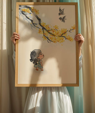 Charming illustration of a child gazing at birds and yellow blossoms