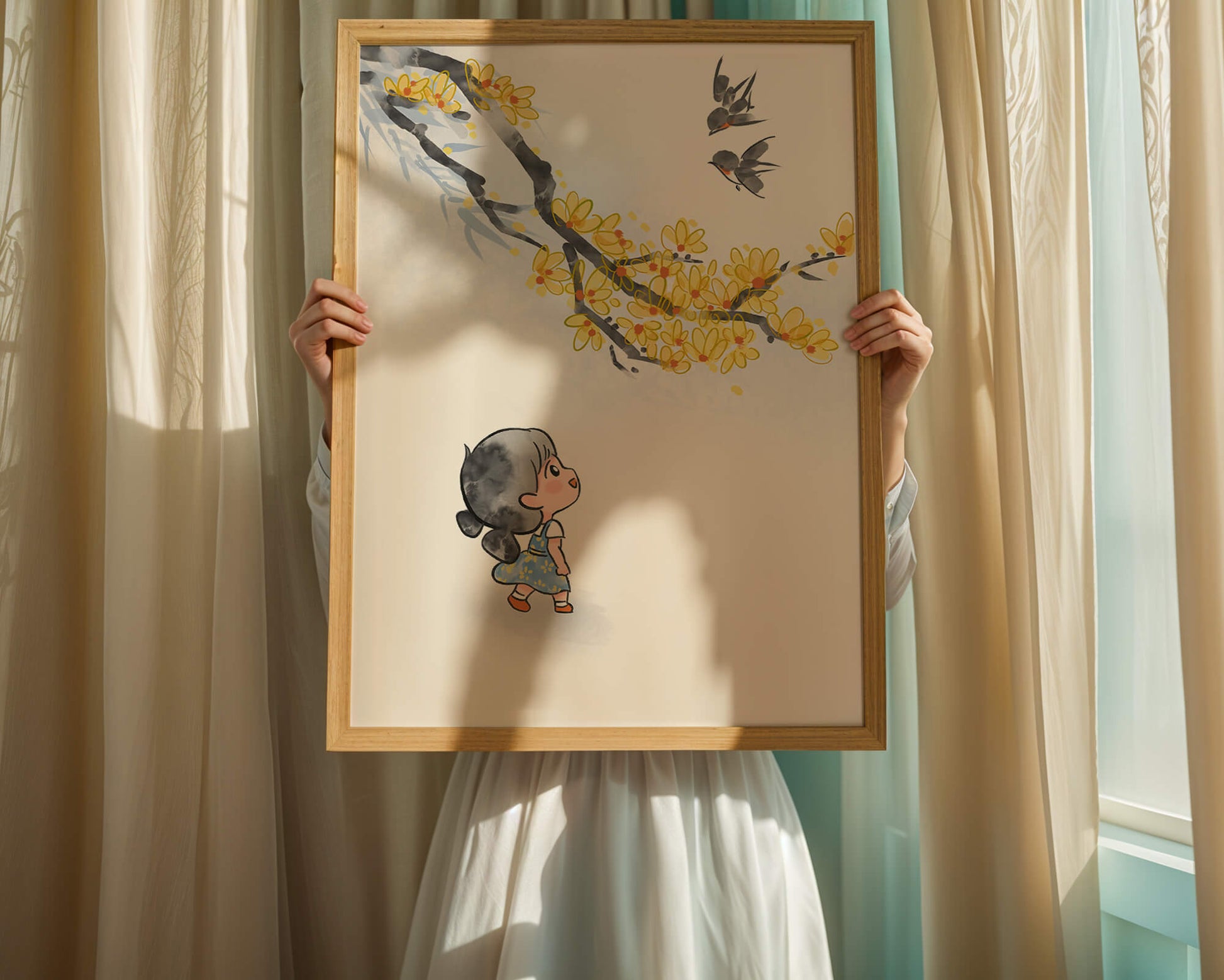 Charming illustration of a child gazing at birds and yellow blossoms