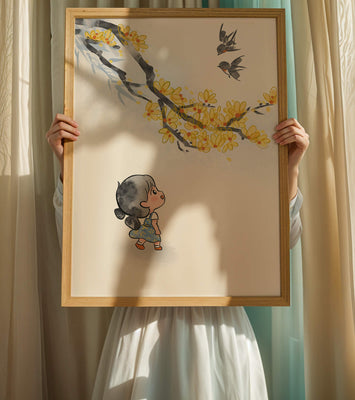 Charming illustration of a child gazing at birds and yellow blossoms