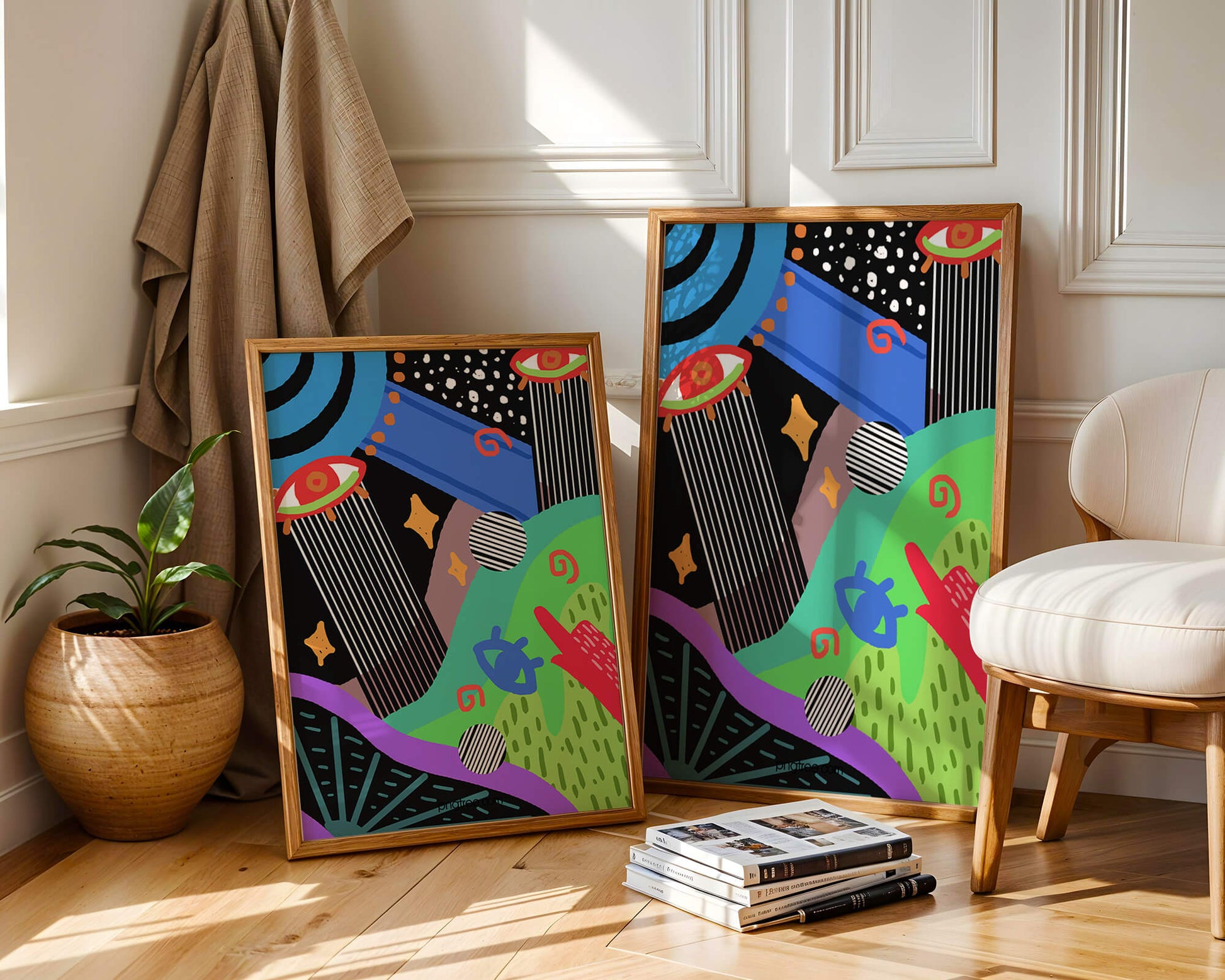 Œuvre d'art psychédélique abstraite colorée avec des formes géométriques et des yeux