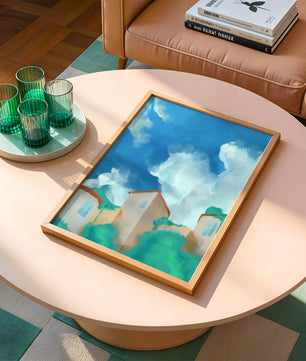 Serene landscape with houses and fluffy clouds against a blue sky