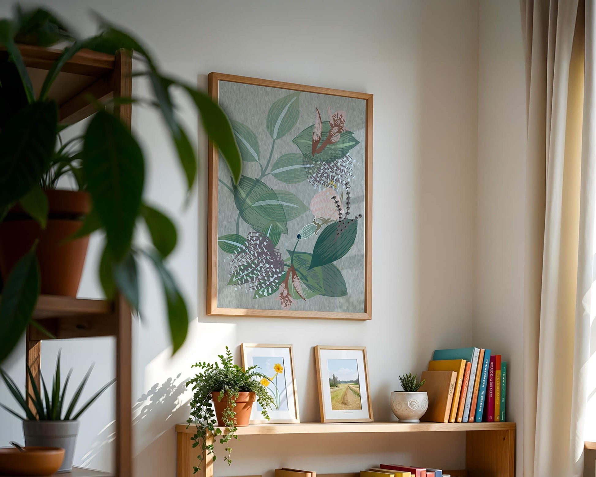 Floral botanical pattern with green leaves and delicate flowers