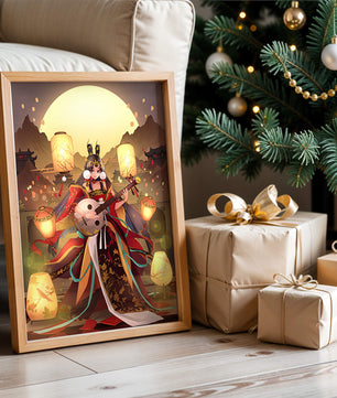 Elegant musician with traditional attire under lanterns and mountains