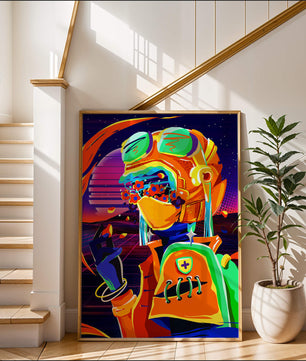Vibrant futuristic illustration with a colorful character in helmet and flowers