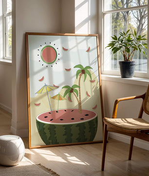 Summer Paradise with Watermelon Sun and Palms in Surreal Landscape