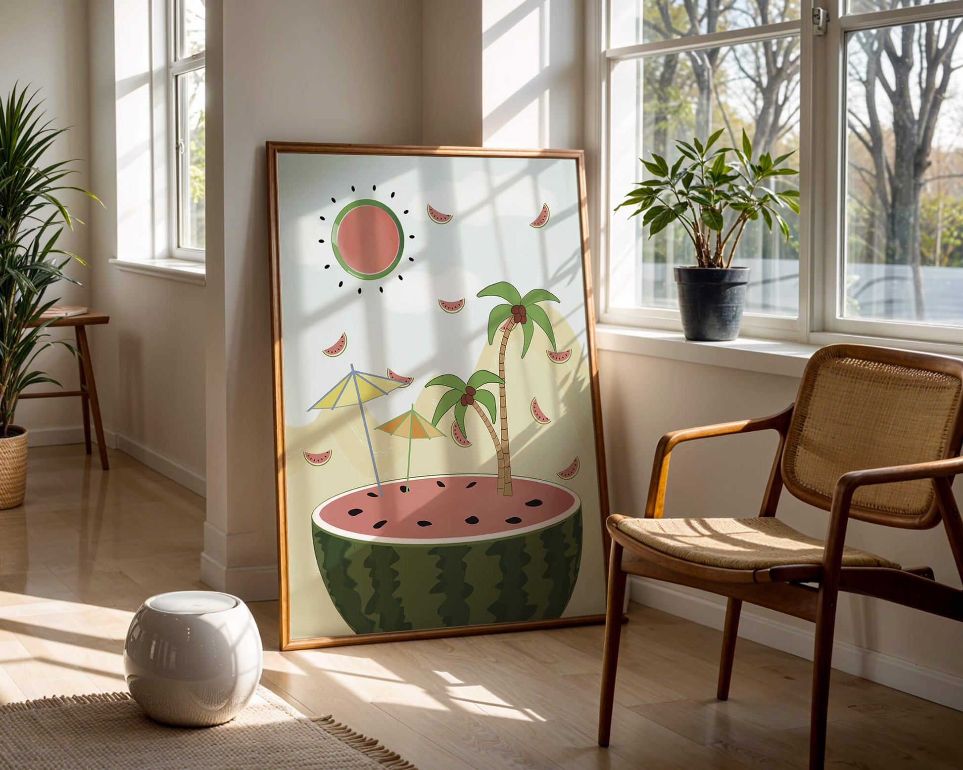 Summer Paradise with Watermelon Sun and Palms in Surreal Landscape