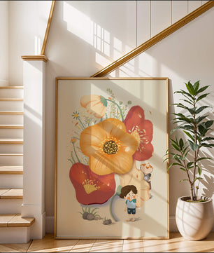Charming Illustration of Children among Large Flowers with Playful Puppy