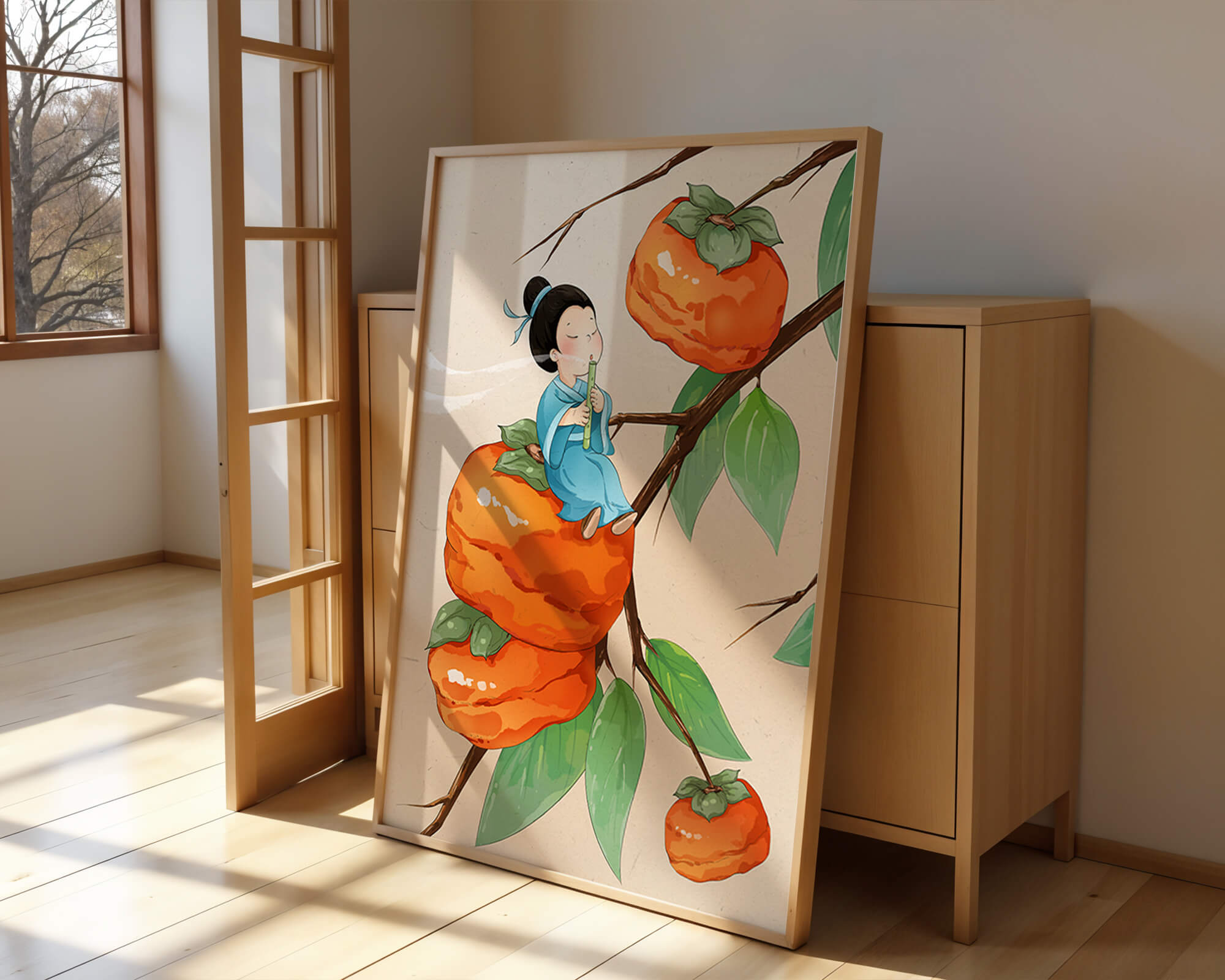 Child playing flute on persimmon-filled tree in whimsical illustration