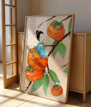 Child playing flute on persimmon-filled tree in whimsical illustration