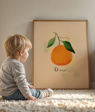 Illustration of a Single Orange with Leaves on a Textured Background - Mi tienda