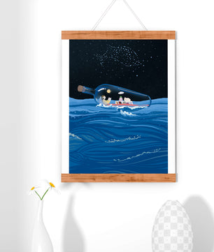 Surreal illustration of a bottle on the ocean with a starry night sky